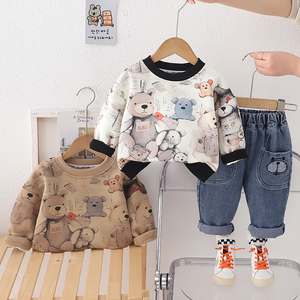 Boys O-Neck Cartoon Bear Long-sleeved Jeans Two-piece Set Children's Fashion Suit Cool Handsome Set