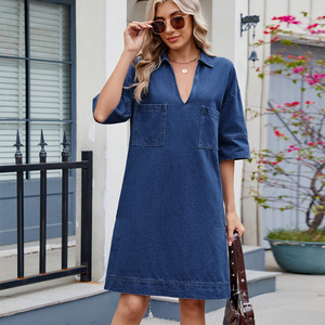 V Neck Loose Fit Short Sleeve Denim Dress Midi Length Casual Summer Dress for