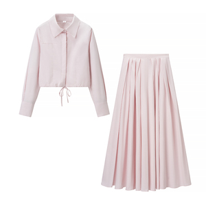 Pink Color Turn Down Collar Button up Long Sleeve Tops Blouse Shirts Zipper Fly Pleated Skirt Casual Fashion  2 Piece Set