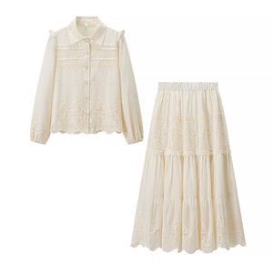 Beige Color Turn Down Collar Button up Long Sleeve Tops Elastic Waist Eyelet Embroidery Skirt Casual Fashion  2 Piece Set