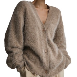 Fluffy Knit Cardigan Sweater V Neck Button Front Fuzzy Mohair Look Oversized Loose Fit Custom Logo