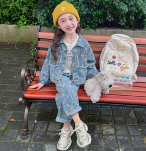 Children's Denim Outfit Stylish Spring Casual Two-Piece Set with All-Over Floral Print (Jacket + Jeans)Floral Pattern Design