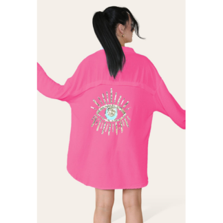 Oversized Long Sleeve Gold Sequin Eye Button Up Shirt